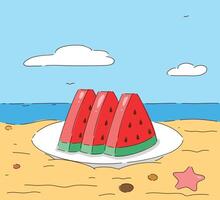 Refreshing and Juicy Watermelon Slices Perfectly Enjoyed on a Beautiful Beach Day vector