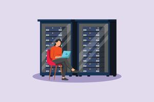 Female data center technician. Data Center Concept. Colored flat illustration isolated vector