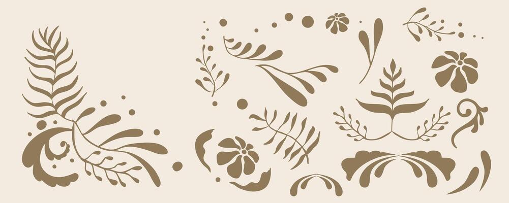 brown Retro flower and leaves border element object in wavy line style