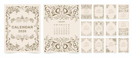 2026 table monthly calendar week start on Sunday with art deco flower vector