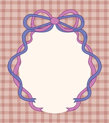 Adorable hand drawn bow ribbon frame in vintage retro style with a cute checkered tartan background, perfect for labels, cards, scrapbooks, and decoration.