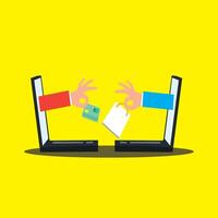 Two hands are holding a credit card and a shopping bag vector