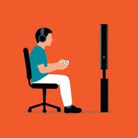 A man is sitting in a chair with a controller in his hand vector