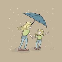 A mother and daughter are holding hands under an umbrella vector