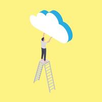 A man is standing on a ladder and holding a cloud vector