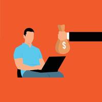 A man sitting on a laptop with a bag of money vector
