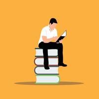 Man sitting on top of books with his legs crossed vector
