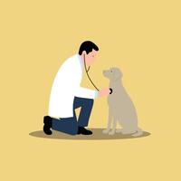 A man in a white coat is examining a dog vector