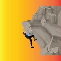 A man is climbing up a mountain in an orange and yellow background vector