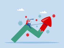 businessman standing on upward rising growth graph using telescope to see the way forward with virus pathogen.economic outlook after Coronavirus COVID-19 crisis concept vector