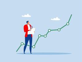 businessman analyst using magnifying glass look in details on market data rising graph.Stock market data analysis Investment and economic forecast concept vector