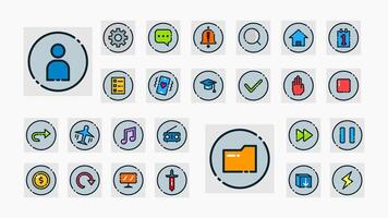 A modern flat-style interface icon set, including user, file, settings, home, music, chat, arrow, gear, and navigation icons for apps and websites. vector