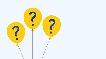 Three yellow balloons with blue question marks floating on a light blue background. vector