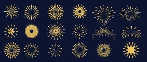 Set of new year firework illustration. Collection of glow gold fireworks on dark background. Art design suitable for decoration, print, poster, banner, wallpaper, card, cover. vector
