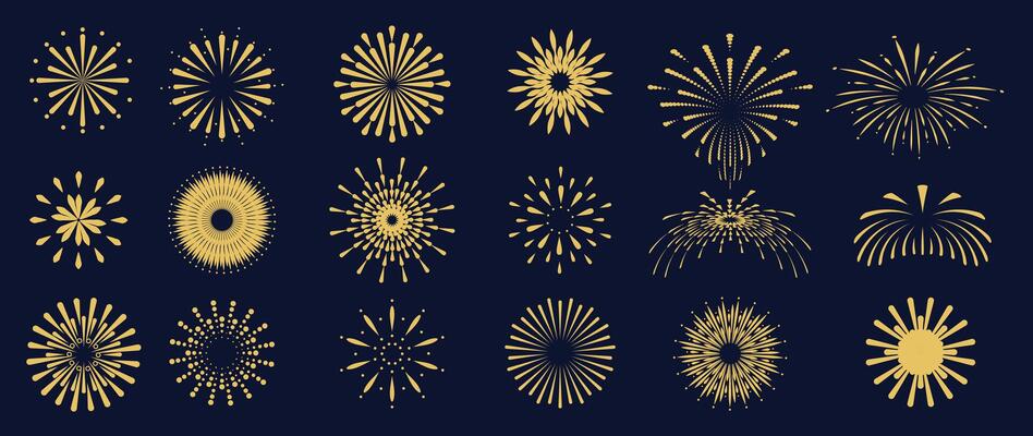 Set of new year firework illustration. Collection of glow gold fireworks on dark background. Art design suitable for decoration, print, poster, banner, wallpaper, card, cover.