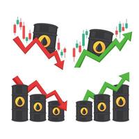 Illustration of oil barrels with rising and falling graphs, symbolizing market trends and economic fluctuations in the oil industry. vector