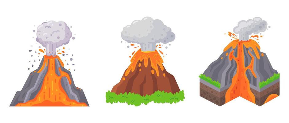 Set of three cartoon volcano illustrations showing eruptions with lava and smoke on a white background.
