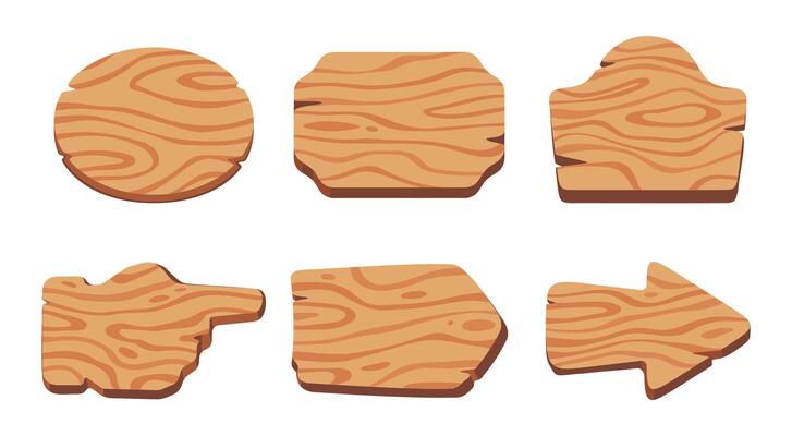 Collection of six wooden signboards in different shapes, perfect for design projects, decoration, or directional signage.