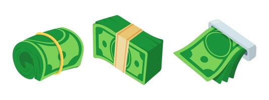 Colorful illustration depicting different arrangements of dollar bills, including rolled, stacked, and clipped. vector