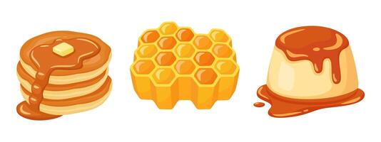 A delightful illustration of pancakes, honeycomb, and pudding, each topped with a rich caramel drizzle. vector