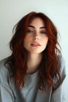 Red haired woman with soft waves, natural look, neutral background. photo