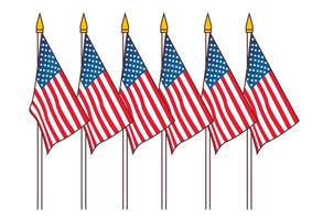 Row of American flags proudly displayed on poles, featuring red and white stripes and blue fields filled with white stars, symbolizing patriotism and unity. vector