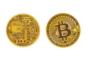 Detailed Bitcoin cryptocurrency coin featuring circuit designs and approval markings, symbolizing digital finance innovation. vector