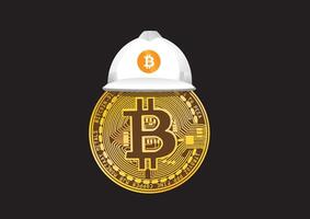 Bitcoin coin wearing a white construction helmet against a black background symbolizing cryptocurrency mining and safety. vector