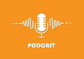 Flat white podcast microphone with dynamic soundwaves on orange background. Audio streaming concept vector