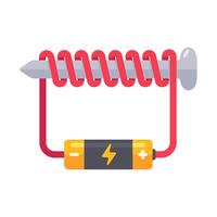 Illustration of a basic electromagnet setup using a battery, nail, and copper wire, showcasing fundamental physics concepts. vector