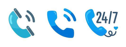 Collection of blue phone icons symbolizing communication, customer service support. vector