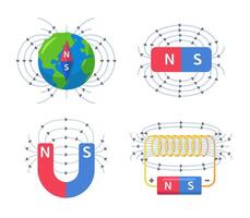 Visual representations of magnetism including Earth, bar magnet, horseshoe magnet, and electromagnet with field lines. vector