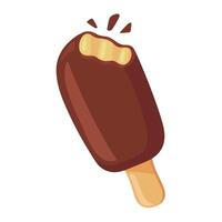 Tasty chocolate ice cream bar with a bite taken out, on a wooden stick, isolated against a white background vector