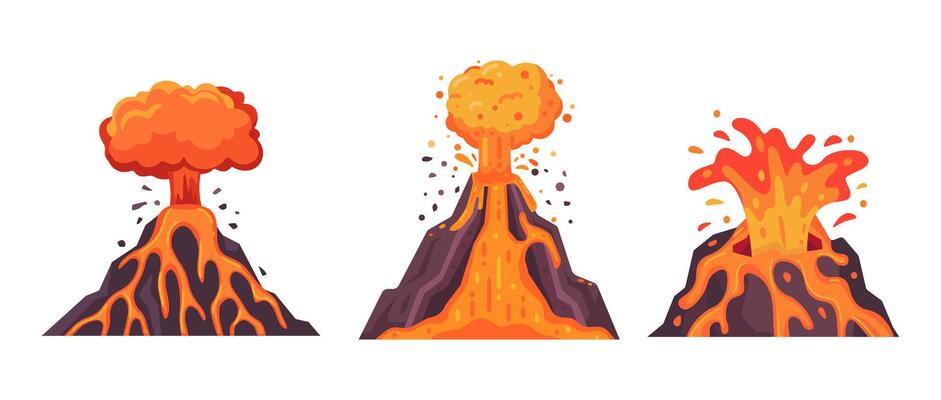 Vibrant illustration of cartoon volcanoes erupting with lava and ash, showcasing dynamic and colorful explosions.