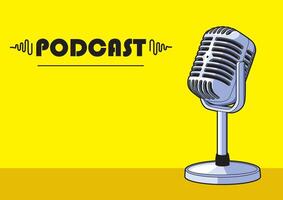 Vintage podcast microphone placed on yellow desk with bold background. Media concept vector