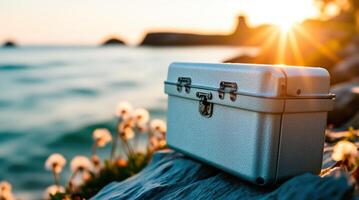 Metal Case Resting on Rocks by the Ocean With Sunset Illuminating the Background photo