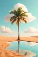 Palm Tree by Serene Oasis in Vast Desert Under Bright Blue Sky With Fluffy Clouds photo