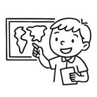 A boy is pointing at a map on a white background vector