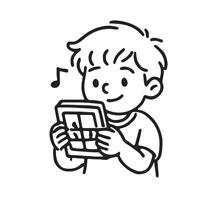 A boy reading a book with music notes vector