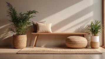 A wooden bench and two potted plants in front of a window photo