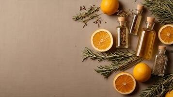 Herbal essential oils and spices on a brown background photo