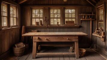 A woodworking shop with a table and a window photo
