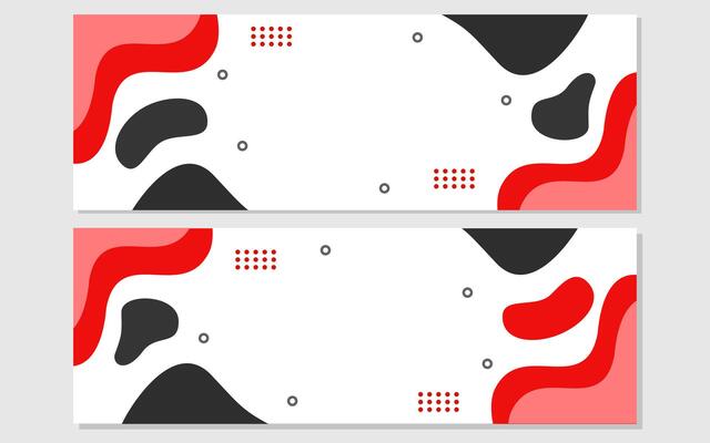 Two abstract banners with red black and white shapes.