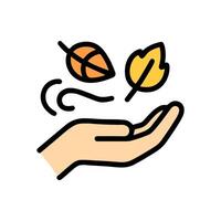 Autumn leaves float into awaiting palm. Icon symbol illustration vector