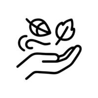Wind blowing leaves into open palm. Icon symbol illustration vector