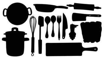 Collection of various kitchen utensils silhouettes in black showing cooking elements for culinary and food preparation related concepts. vector