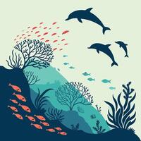 A captivating underwater scene showcasing dolphins gracefully leaping and swimming amid coral reefs and schools of fish in a serene aquatic environment. vector