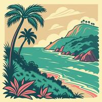Tropical beach illustration depicting a scenic coastline with palm trees ocean and colorful mountain view for vacation destinations vector