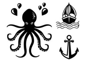 A collection of nautical icons featuring octopus sailing ship anchor and water droplets vector