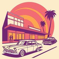 Retro illustration depicting a mid century modern building with classic cars and palm trees under a setting sun vector